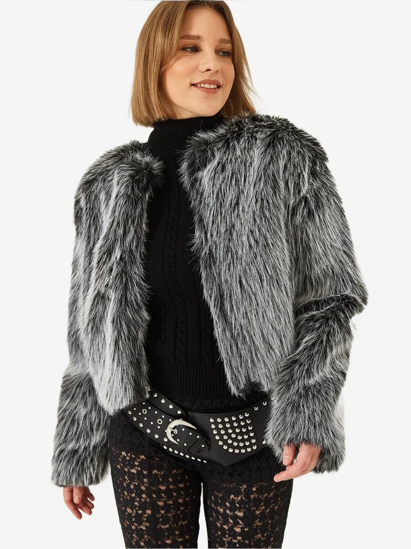Bianco Lucci Multicolor LUCCI Boxy Crop Faux Fur Coat for Women | Best Price UAE