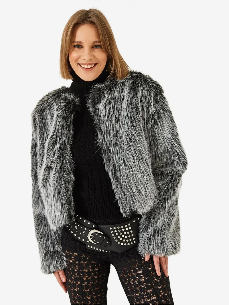 Bianco Lucci Multicolor LUCCI Boxy Crop Faux Fur Coat for Women | Best Price UAE