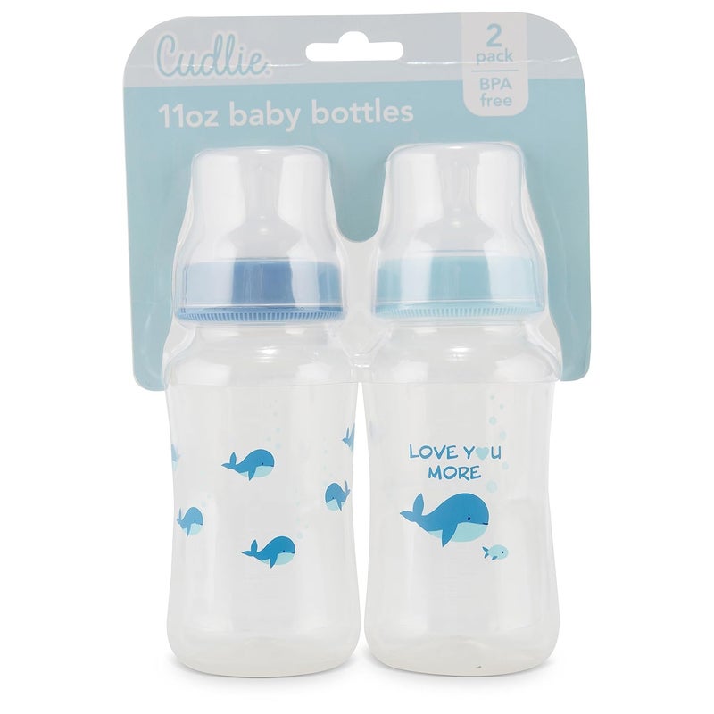 Cudlie Premium 2Pack Baby Bottles  11 Ounce Hourglass Shape Fun Boys and Girls Prints Clear Cover  BPAFree - Image 2