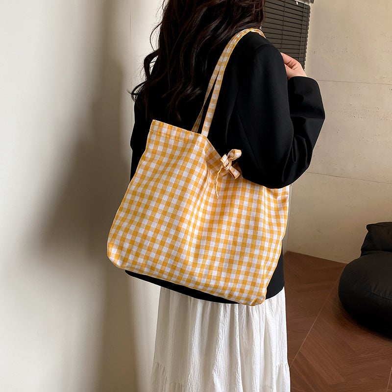 Checked Canvas Shoulder Tote Bag for Women - Image 3