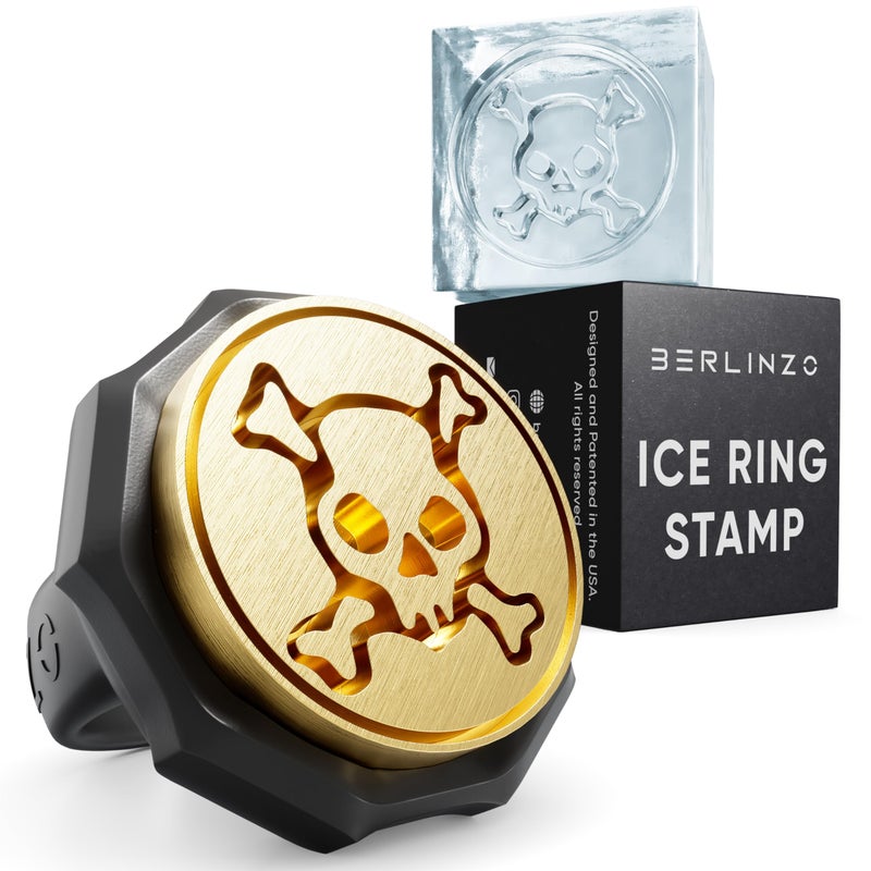Berlinzo Ice Stamp Ring for Cube & Sphere - Custom Ice Cubes for Whiskey, Mojito Cocktails â€“ Skull shaped Brass Ice Stamp Skull/ 3mm Depth - Black - Image 1