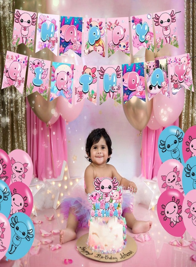 karg Axolotl Birthday Decorations Pink Axolotl Party Supplies Include Happy Birthday Banner, Cake Topper and Cupcake Toppers, Balloons for Kids Party Decor - Image 4