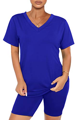WIHOLL Workout Sets for Women 2 Piece Short Sleeve High Waist Yoga Set Blue M - Image 3