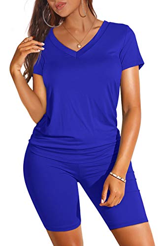 WIHOLL Workout Sets for Women 2 Piece Short Sleeve High Waist Yoga Set Blue M - Image 1