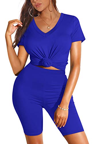 WIHOLL Workout Sets for Women 2 Piece Short Sleeve High Waist Yoga Set Blue M - Image 2
