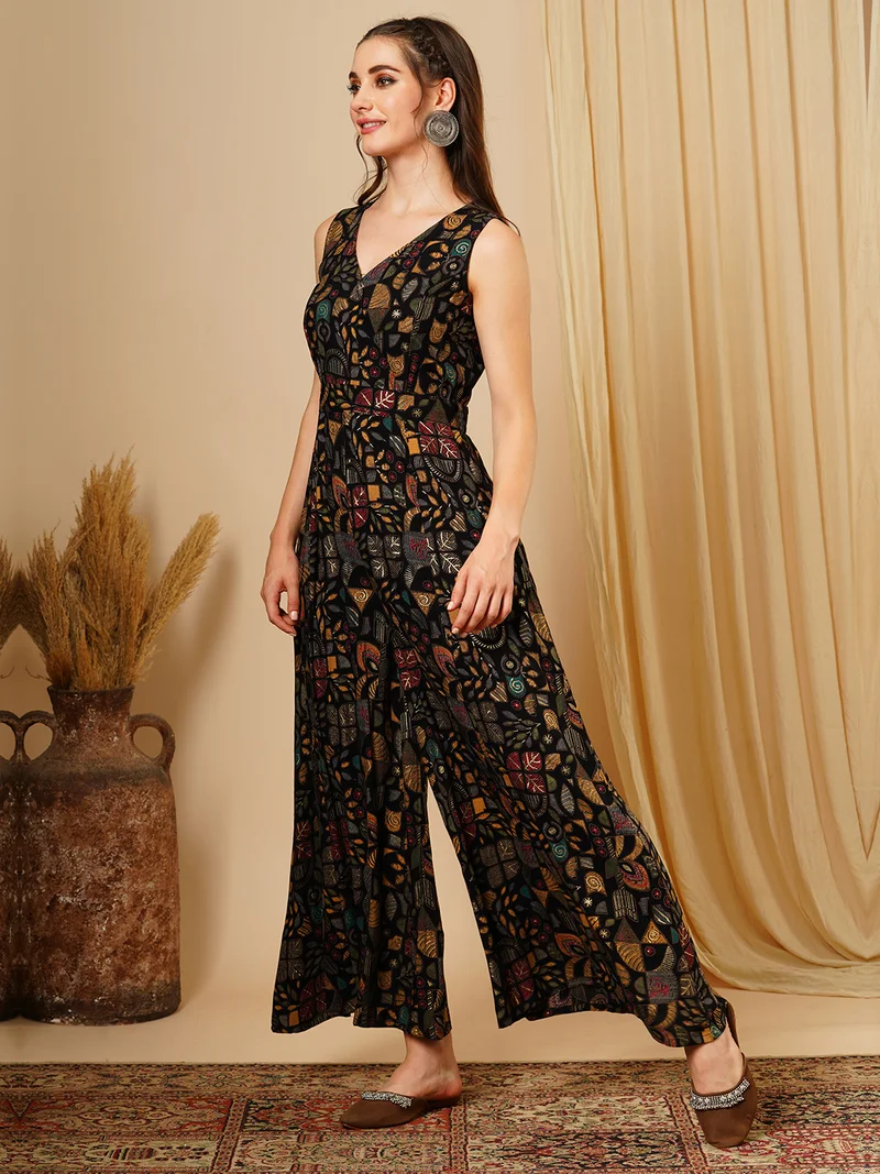 جلو باص Women Printed Wrap Waist Tie-Up Basic Jumpsuit