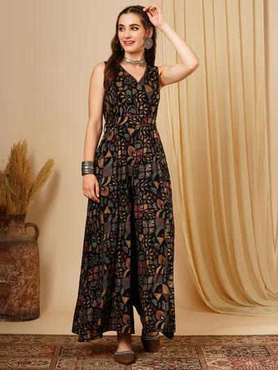جلو باص Women Printed Wrap Waist Tie-Up Basic Jumpsuit