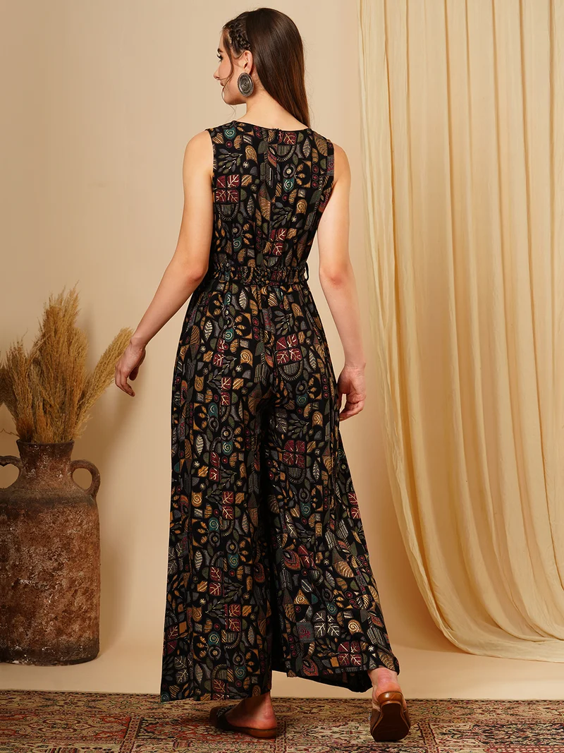 جلو باص Women Printed Wrap Waist Tie-Up Basic Jumpsuit
