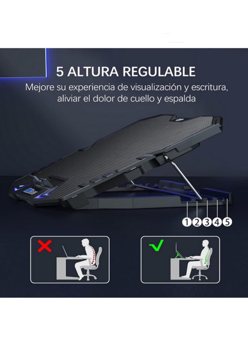12-15.6 Inch Laptop Cooling Pad with 5 High Speed Cooling Fans Gaming Notebook Cooler Stand Adjustable Height Quiet Operation Non-Slip Baffle 6 Wind Speeds 3 Fan Modes for Laptop Xbox PS4 Network Device