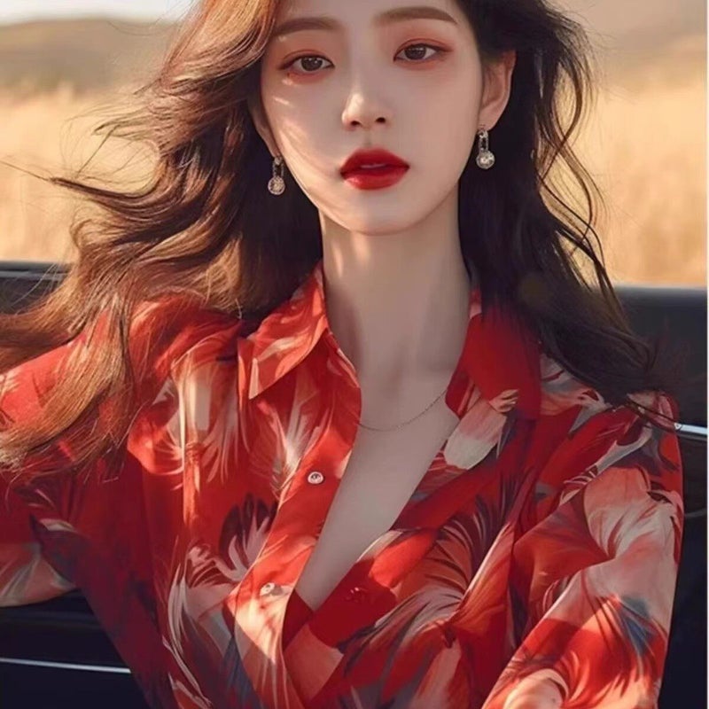Annual meeting performance green travel photo retro Hong Kong style print long-sleeved shirt spring and autumn fashion Christmas performance shirt - Image 2