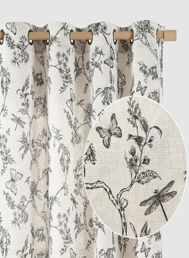 Lazzzy Linen Black Floral Farmhouse Curtains 96 Inches Long Drapes for Living Room Bedroom Pattern Light Filtering Country Vintage Curtain Grommet Top, 2 Panels, Black on Beige - Image 1