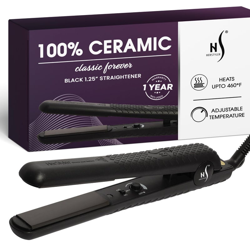 Herstyler Forever Straightening Flat Iron | Travel Friendly Dual Voltage 1.25 inch | Ceramic Hair Straightener For Silken Hair | Negative Ion Technology To Fight Frizz | Beautiful In Black - Image 1