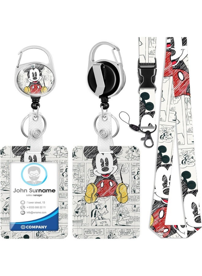 3 in 1 Disney Mickey Black and White Grid Comic Background Plastic ID Badge Holder with Lanyard Retractable Badge Reel Keychain and Extender - for Work Student Bus Doctor Nurse
