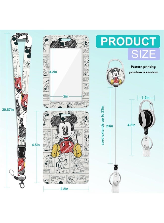 ديزني حامل بطاقة هوية بلاستيكي 3 في 1 بتصميم ديزني ميكي، بخلفية شبكية بالأبيض والأسود، مع حبل تعليق، وبكرة قابلة للسحب، وسلسلة مفاتيح، ووصلة تمديد - مناسب للعمل، والطلاب، والحافلات، والأطباء، والممرضين - Image 2