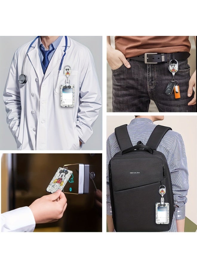 ديزني حامل بطاقة هوية بلاستيكي 3 في 1 بتصميم ديزني ميكي، بخلفية شبكية بالأبيض والأسود، مع حبل تعليق، وبكرة قابلة للسحب، وسلسلة مفاتيح، ووصلة تمديد - مناسب للعمل، والطلاب، والحافلات، والأطباء، والممرضين - Image 5