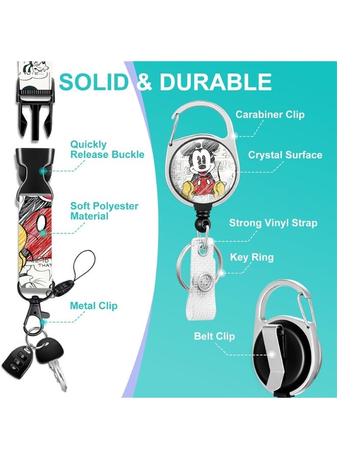 ديزني حامل بطاقة هوية بلاستيكي 3 في 1 بتصميم ديزني ميكي، بخلفية شبكية بالأبيض والأسود، مع حبل تعليق، وبكرة قابلة للسحب، وسلسلة مفاتيح، ووصلة تمديد - مناسب للعمل، والطلاب، والحافلات، والأطباء، والممرضين - Image 3