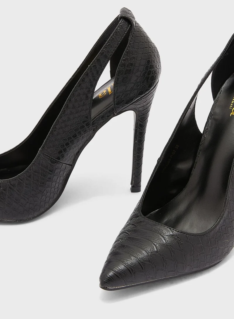 ELLA Croc Effect Cutout Detail Pointed Pump Black