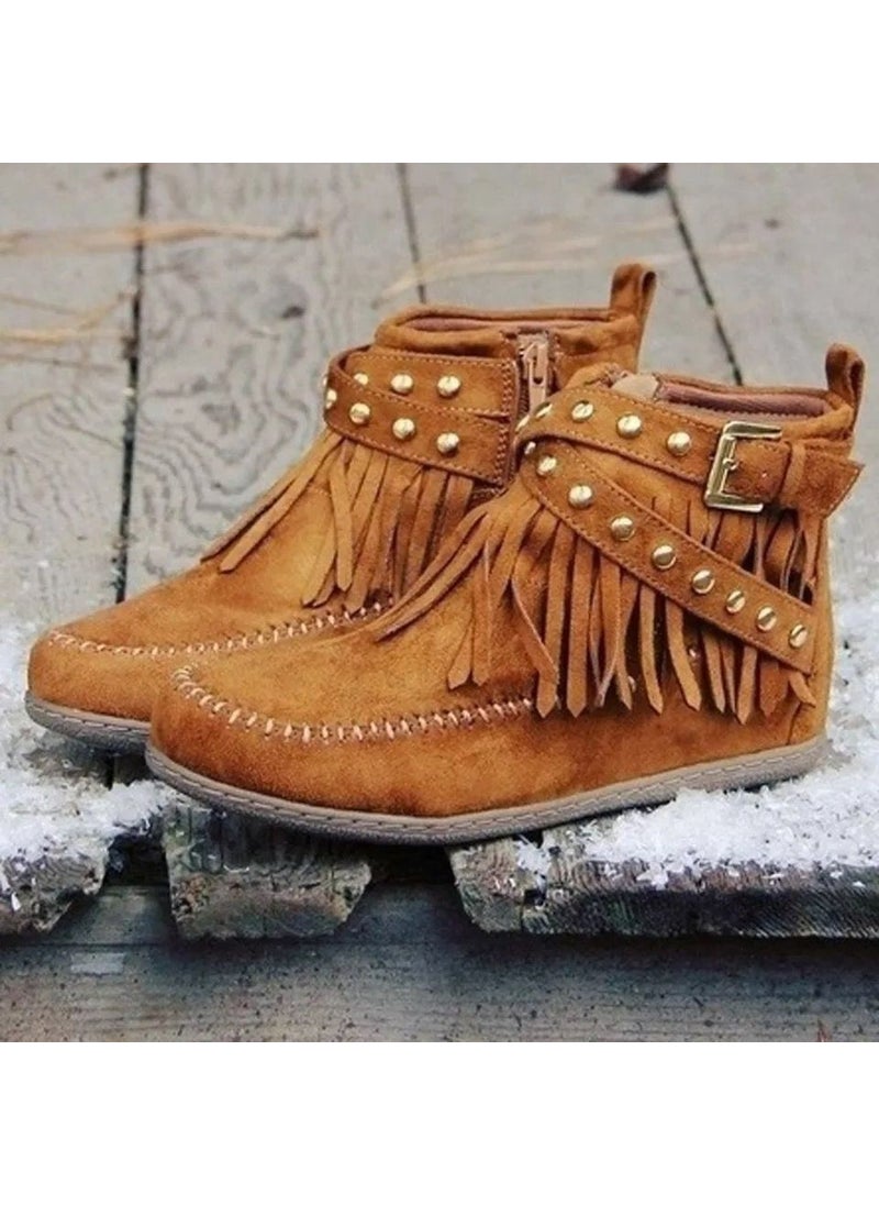 Generic 2023 Autumn Vintage Tassel Flat Ankle Boots Brown 