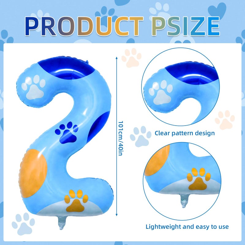 Lcoor Dog Paw Birthday Decorations, 40'' Blue Dog Paw Number 2 Balloon for 2nd Birthday Party Decor (2nd) - Image 2