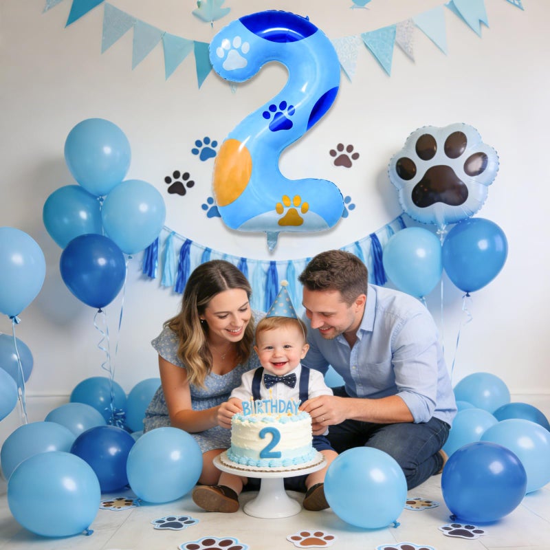 Lcoor Dog Paw Birthday Decorations, 40'' Blue Dog Paw Number 2 Balloon for 2nd Birthday Party Decor (2nd) - Image 5