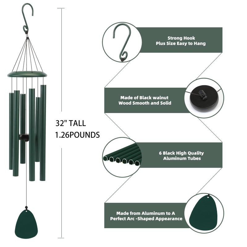 FSVGYY Wind-Chimes-Outdoor-Deep-Tone, Large Soothing Melodic Tones Windchimes, Wind Chimes for Outside, Memorial Wind Chime Best Gift for Mom Women Grandma Neighbors(32" Forest Green Coated Aluminum) - Image 5