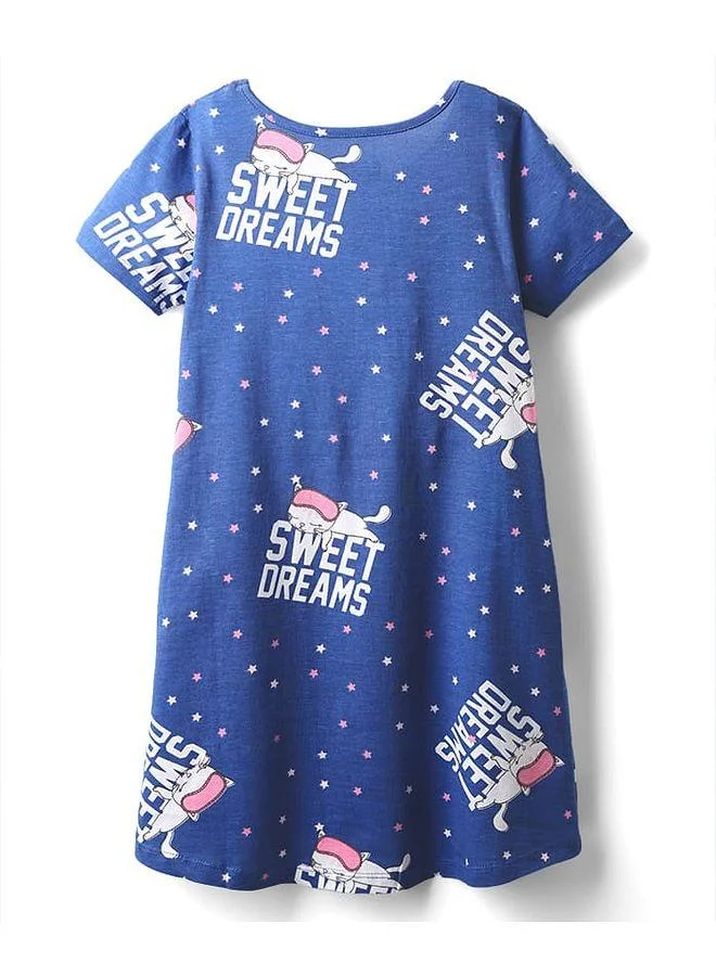 Pine Kids Pine Kids Single Jersey Knit Half Sleeves Nighty with Sweet Dreams Text Print - Limoges Blue