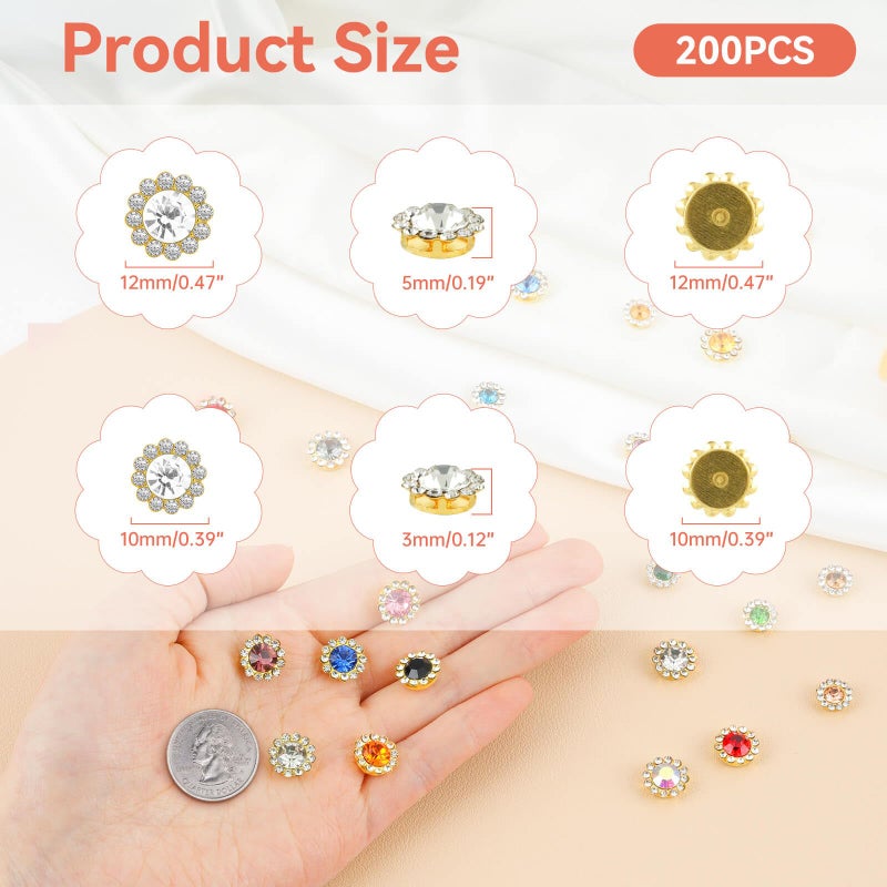 ABEJFIC 200 PCS 20 Mixed Colors Sew on Rhinestones, 10mm 12mm Crystal Glass Metal Base Flower Claw Rhinestone for Crafting, Bedazzling Rhinestones for Clothes Shoes Hats Bags & Sewing Accessories - Image 3