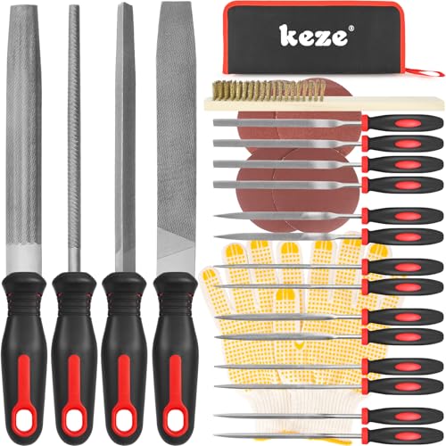 Keze 25 Pcs Metal File Set,Premium T12 Carbon Steel Flat/Half-Round/Round/Triangle Large Files,14 Pcs Needle Files with Case,4 Pcs Sandpaper,Brush,and A Pair of Gloves,for Woodworking. - Image 1