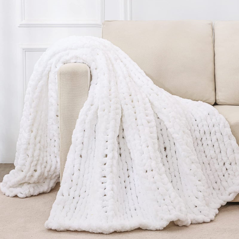 بطانية بيغاكوجو المحبوكة السميكة للكنبة 40x60 بوصة 100 محبوكة يدويًا بخيوط شنيلي سميكة مريحة وناعمة كبيرة بحبال عقدة سلكية محبوكة للكنبة والسرير وغرفة المعيشة بيضاء