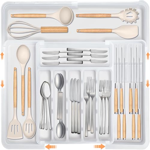 Homecor Silverware Organizer for Kitchen Drawer Expandable Utensil Drawer Organizer with 2 Knife Block Flatware and Cutlery Holder Adjustable Plastic Storage for Spoons Forks Knives - Image 1
