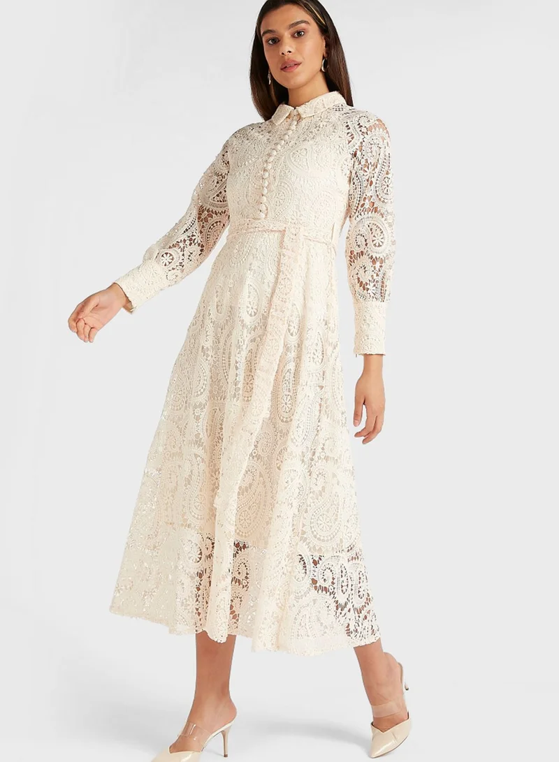 ايكونيك Lace Detail Half Button Midi Shirt Dress