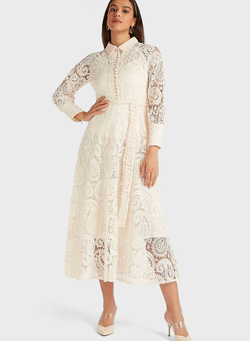 ايكونيك Lace Detail Half Button Midi Shirt Dress