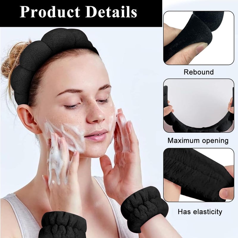 M'AYCREATE MAYCREATE® Spa Headband and Wristband for Women Girls Face Washing, Sunflower Sponge Makeup Hairband Skincare Flannel Wrist Washband Set, Soft Elastic Facial Accessories Combo - Black - Image 3