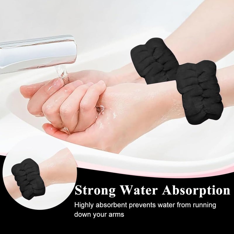 M'AYCREATE MAYCREATE® Spa Headband and Wristband for Women Girls Face Washing, Sunflower Sponge Makeup Hairband Skincare Flannel Wrist Washband Set, Soft Elastic Facial Accessories Combo - Black - Image 5