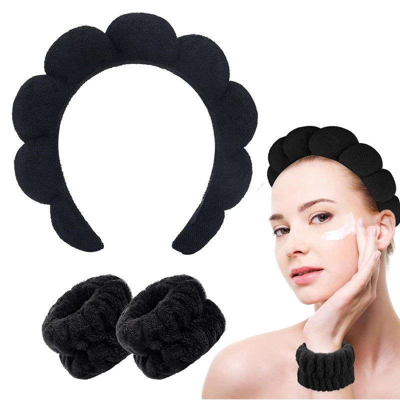 M'AYCREATE MAYCREATE® Spa Headband and Wristband for Women Girls Face Washing, Sunflower Sponge Makeup Hairband Skincare Flannel Wrist Washband Set, Soft Elastic Facial Accessories Combo - Black - Image 1