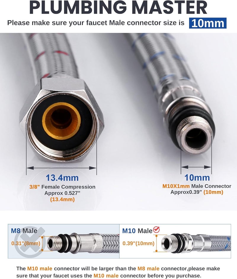 WOWOW 16" Length Faucet Supply Line, Bathroom Kitchen Faucet Lines Braided Nylon Sink Hose,cUPC Faucet Supply Lines 3/8" Female Compression Thread × M10 Male Connector 2Pcs (1 Pair) - Image 2