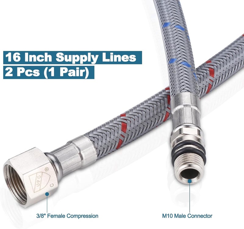 WOWOW 16" Length Faucet Supply Line, Bathroom Kitchen Faucet Lines Braided Nylon Sink Hose,cUPC Faucet Supply Lines 3/8" Female Compression Thread × M10 Male Connector 2Pcs (1 Pair) - Image 3