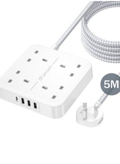 لينسينت LENCENT تمديد الرصاص مع منفذ USB C ، 4 منافذ توصيل الطاقة مع 4 منافذ USB (3.4A ، 1 النوع C و 3 منافذ USB-A) محطة شحن متعددة التوصيل مع سلك تمديد مضفر 5M للمنزل والمكتب 3250W  - Image 1