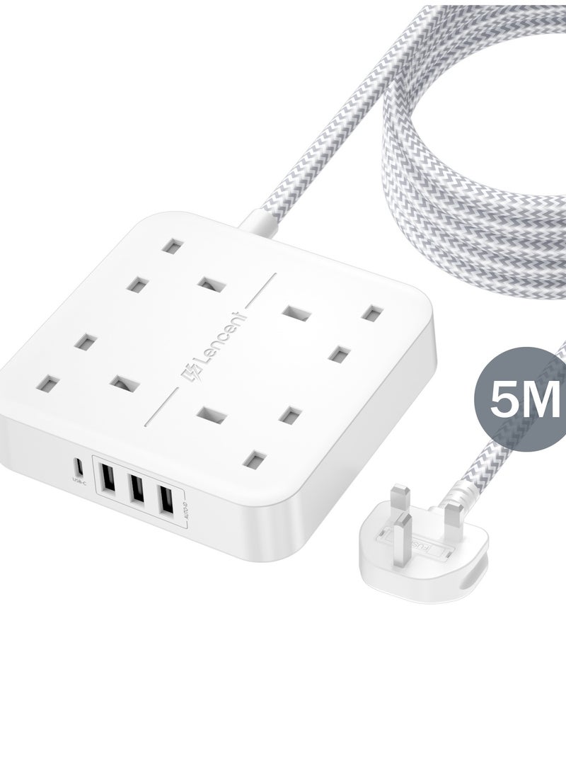 لينسينت LENCENT تمديد الرصاص مع منفذ USB C ، 4 منافذ توصيل الطاقة مع 4 منافذ USB (3.4A ، 1 النوع C و 3 منافذ USB-A) محطة شحن متعددة التوصيل مع سلك تمديد مضفر 5M للمنزل والمكتب 3250W  - Image 1