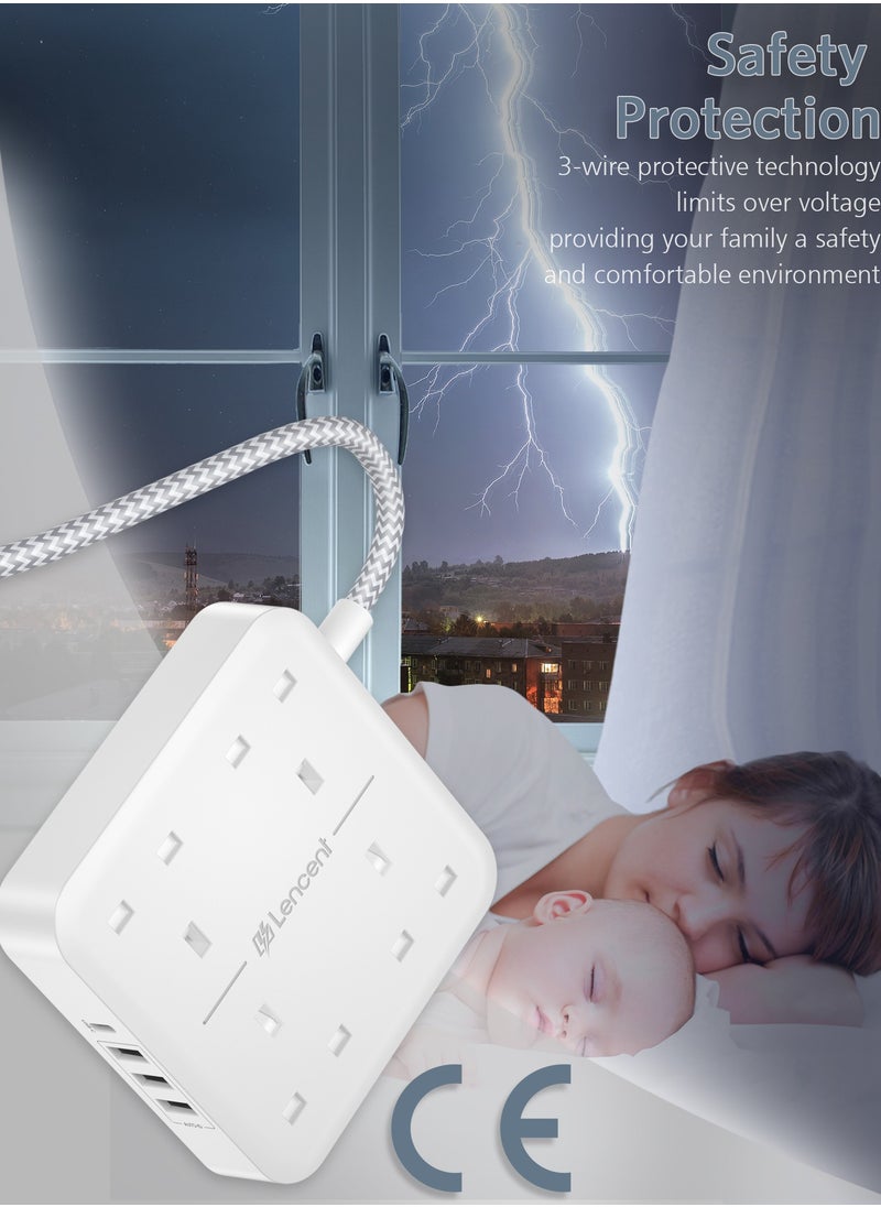 لينسينت LENCENT تمديد الرصاص مع منفذ USB C ، 4 منافذ توصيل الطاقة مع 4 منافذ USB (3.4A ، 1 النوع C و 3 منافذ USB-A) محطة شحن متعددة التوصيل مع سلك تمديد مضفر 5M للمنزل والمكتب 3250W  - Image 4