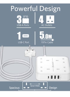لينسينت LENCENT تمديد الرصاص مع منفذ USB C ، 4 منافذ توصيل الطاقة مع 4 منافذ USB (3.4A ، 1 النوع C و 3 منافذ USB-A) محطة شحن متعددة التوصيل مع سلك تمديد مضفر 5M للمنزل والمكتب 3250W  - Image 2