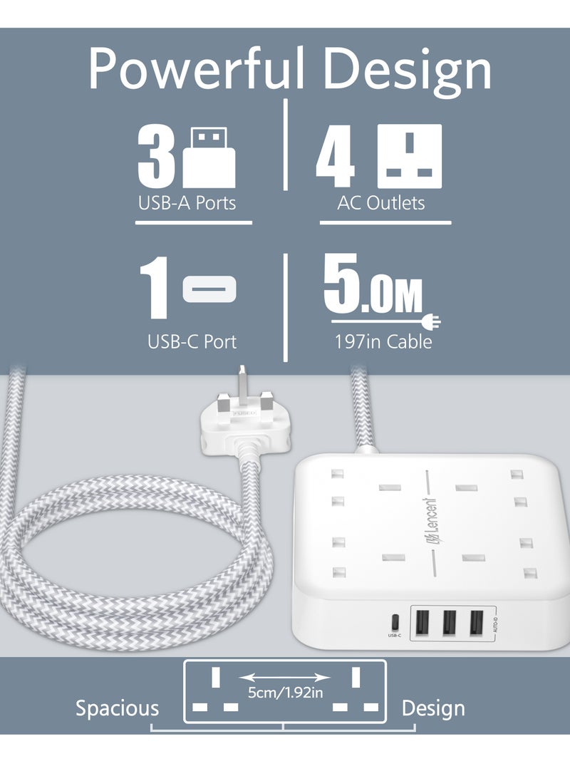 لينسينت LENCENT تمديد الرصاص مع منفذ USB C ، 4 منافذ توصيل الطاقة مع 4 منافذ USB (3.4A ، 1 النوع C و 3 منافذ USB-A) محطة شحن متعددة التوصيل مع سلك تمديد مضفر 5M للمنزل والمكتب 3250W  - Image 2