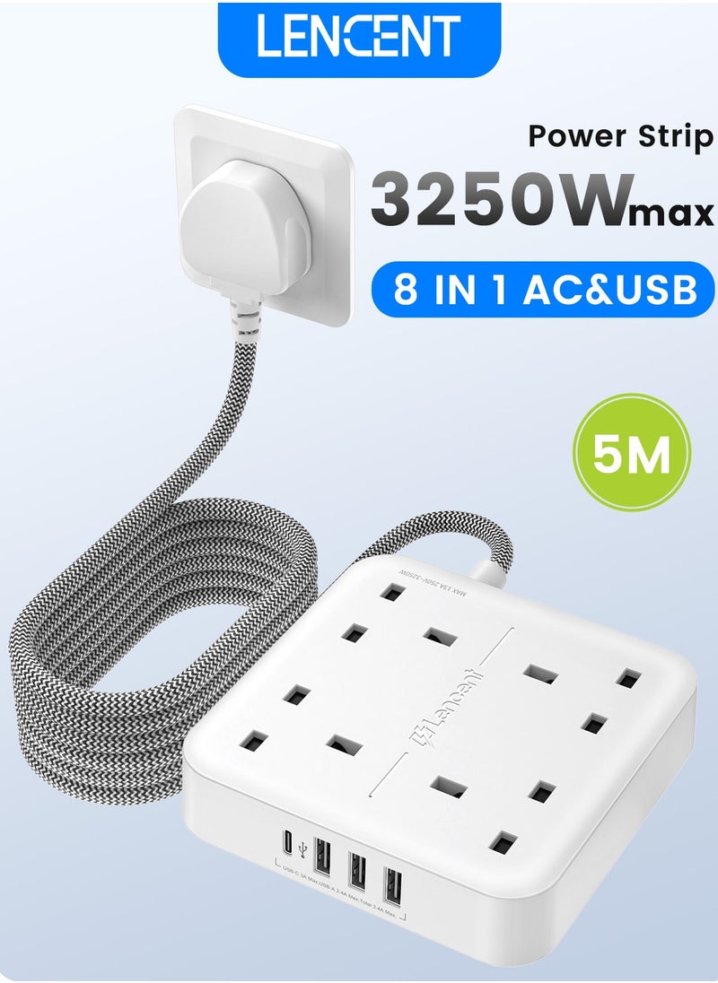 لينسينت LENCENT تمديد الرصاص مع منفذ USB C ، 4 منافذ توصيل الطاقة مع 4 منافذ USB (3.4A ، 1 النوع C و 3 منافذ USB-A) محطة شحن متعددة التوصيل مع سلك تمديد مضفر 5M للمنزل والمكتب 3250W  - Image 1