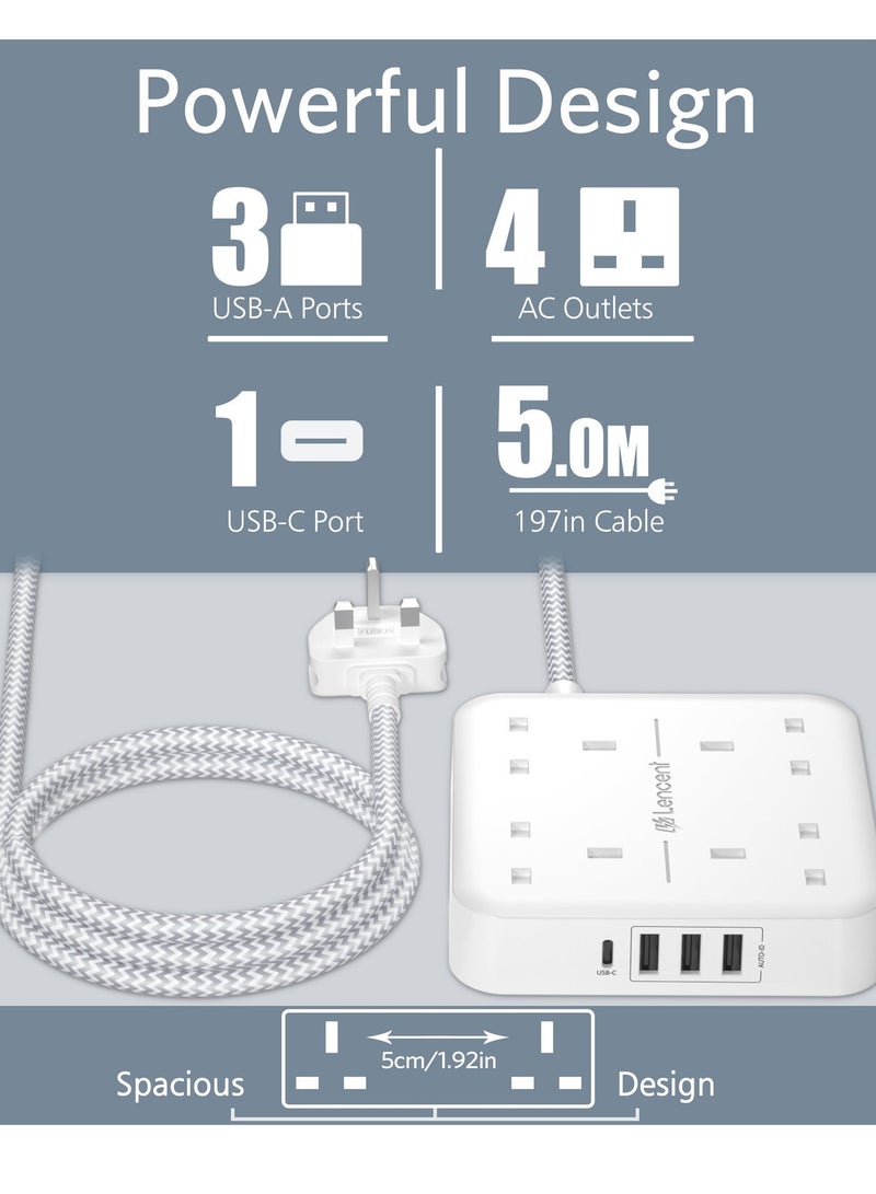 لينسينت LENCENT تمديد الرصاص مع منفذ USB C ، 4 منافذ توصيل الطاقة مع 4 منافذ USB (3.4A ، 1 النوع C و 3 منافذ USB-A) محطة شحن متعددة التوصيل مع سلك تمديد مضفر 5M للمنزل والمكتب 3250W - Image 2