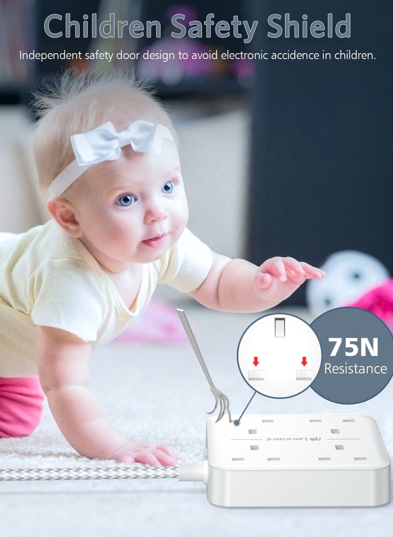 لينسينت LENCENT تمديد الرصاص مع منفذ USB C ، 4 منافذ توصيل الطاقة مع 4 منافذ USB (3.4A ، 1 النوع C و 3 منافذ USB-A) محطة شحن متعددة التوصيل مع سلك تمديد مضفر 5M للمنزل والمكتب 3250W - Image 4