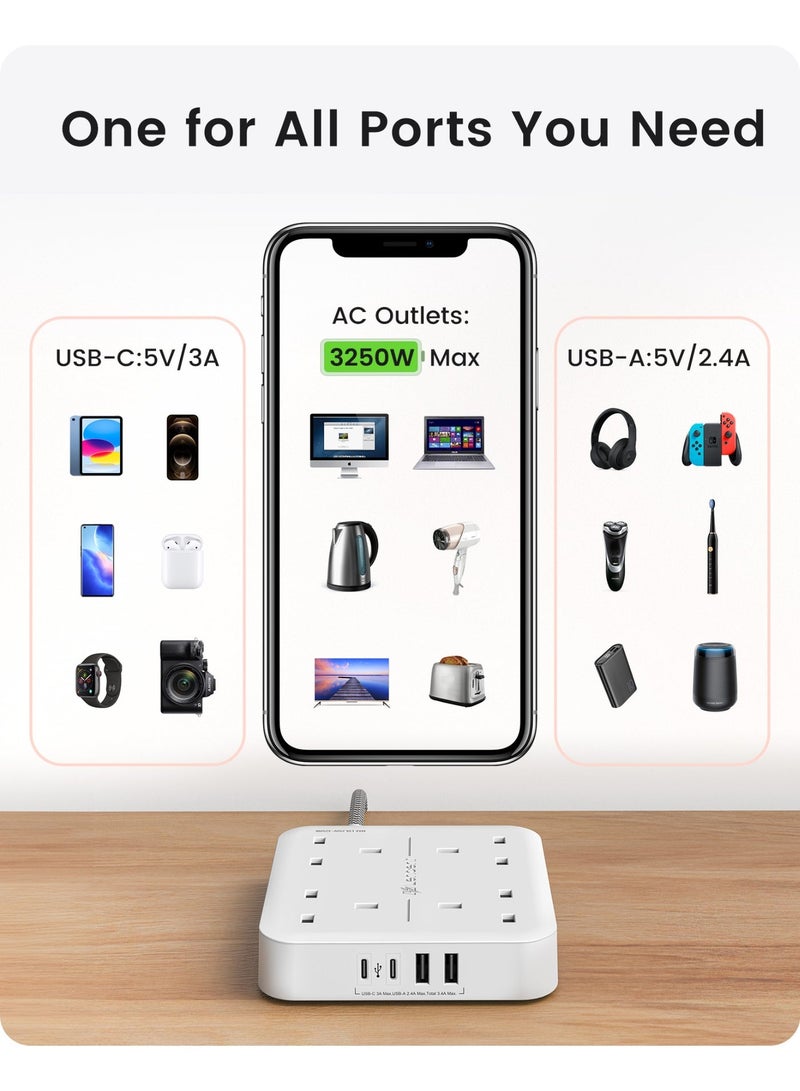 لينسينت LENCENT تمديد الرصاص مع منفذ USB C ، 4 منافذ توصيل الطاقة مع 4 منافذ USB (3.4A ، 1 النوع C و 3 منافذ USB-A) محطة شحن متعددة التوصيل مع سلك تمديد مضفر 5M للمنزل والمكتب 3250W - Image 4