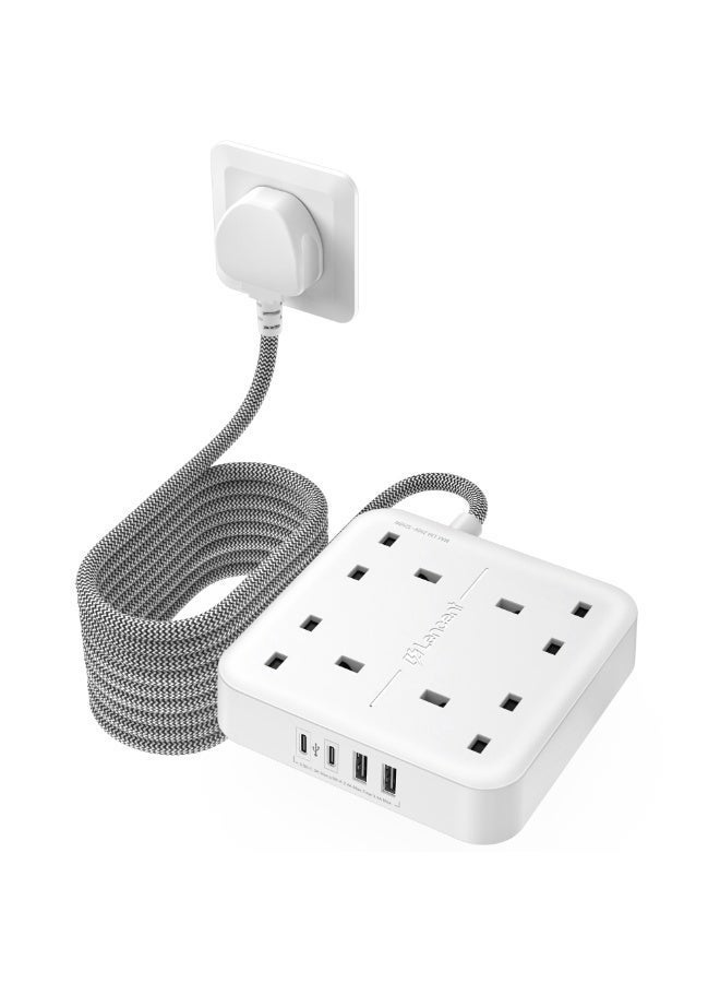 Extension Lead with USB C Port,4 Way Outlets Power Strip with 4 USB Ports,1Type C and 3USB A Ports,Multi Plug Charging Station with 5M Braided Extension cord for Home Office 3250