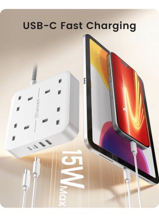 Extension Lead with USB C Port,4 Way Outlets Power Strip with 4 USB Ports,2 Type C and 2 USB A Ports,Multi Plug Charging Station with 5M Braided Extension cord for Home Office 3250 - view 3