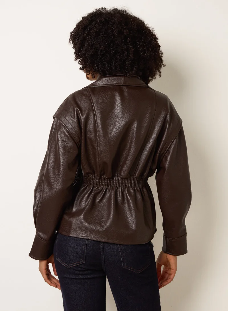بلو فانيلا Collared Shirred Waist Faux Leather Jacket