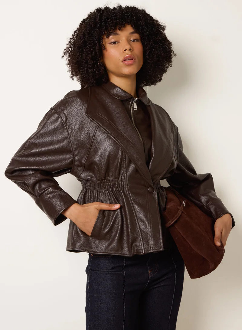 بلو فانيلا Collared Shirred Waist Faux Leather Jacket